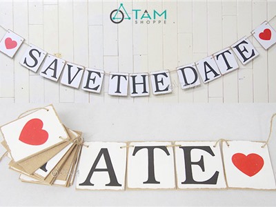 Dây treo chữ SAVE THE DATE trắng đen bảng gỗ DTC-STD-40